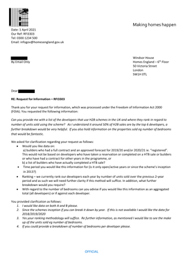 Making Homes Happen Date: 1 April 2021 Our Ref: RFI3303 Tel: 0300 1234 500 Email: Infogov@Homesengland.Gov.Uk