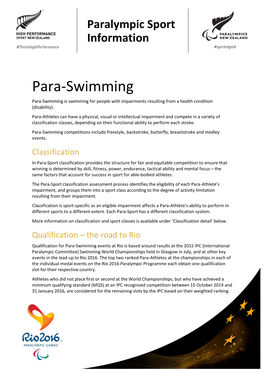 Para-Swimming Para-Swimming Is Swimming for People with Impairments Resulting from a Health Condition (Disability)