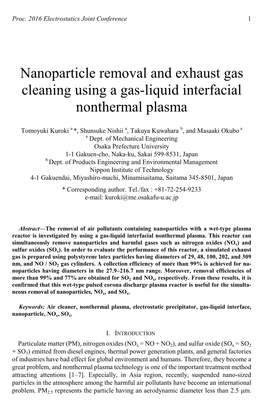 Nanoparticle Removal and Exhaust Gas Cleaning Using a Gas-Liquid Interfacial Nonthermal Plasma