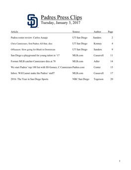 Padres Press Clips Tuesday, January 3, 2017