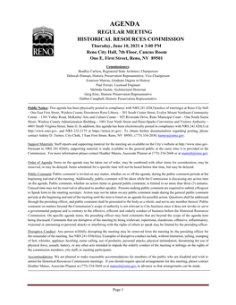 AGENDA REGULAR MEETING HISTORICAL RESOURCES COMMISSION Thursday, June 10, 2021 ● 3:00 PM Reno City Hall, 7Th Floor, Caucus Room One E