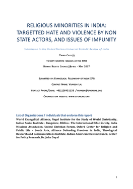 Religious Minorities in India: Targetted Hate and Violence by Non State Actors, and Issues of Impunity