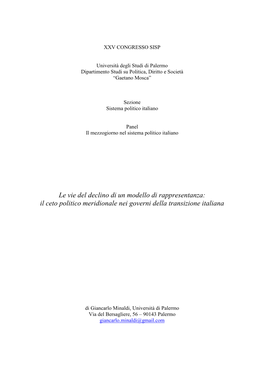 Il Ceto Politico Meridionale Nei Governi Della Transizione Italiana