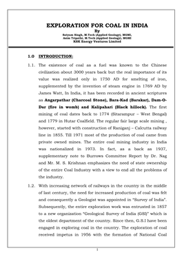 EXPLORATION for COAL in INDIA by Satyam Singh, M.Tech (Applied Geology), MGMI, Asim Tripathi, M.Tech (Applied Geology), MGMI KSK Energy Ventures Limited