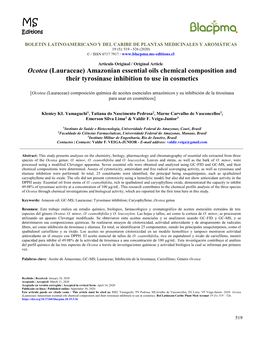 Ocotea (Lauraceae) Amazonian Essential Oils Chemical Composition and Their Tyrosinase Inhibition to Use in Cosmetics