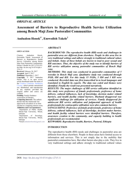 Assessment of Barriers to Reproductive Health Service Utilization Among Bench Maji Zone Pastoralist Communities