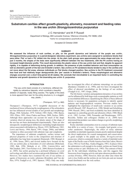 Substratum Cavities Affect Growth-Plasticity, Allometry, Movement and Feeding Rates in the Sea Urchin Strongylocentrotus Purpuratus