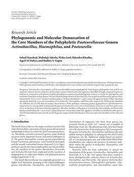 Research Article Phylogenomic and Molecular Demarcation of the Core Members of the Polyphyletic Pasteurellaceae Genera Actinobacillus, Haemophilus,Andpasteurella