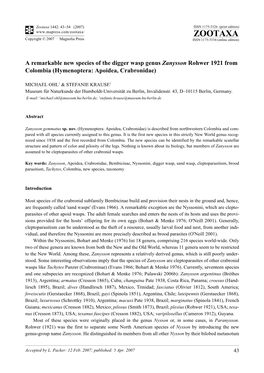 Zootaxa, a Remarkable New Species of the Digger Wasp Genus Zanysson