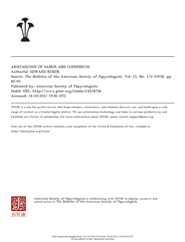 ARISTARCHUS of SAMOS and COPERNICUS Author(S): EDWARD ROSEN Source: the Bulletin of the American Society of Papyrologists, Vol