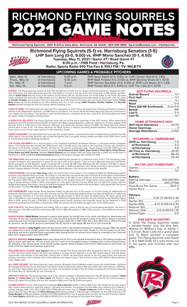 Richmond Flying Squirrels (5-1) Vs. Harrisburg Senators (1-5) LHP Sam Long (0-0, 9.00) Vs