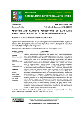 Research in ISSN : P-2409-0603, E-2409-9325 AGRICULTURE, LIVESTOCK and FISHERIES