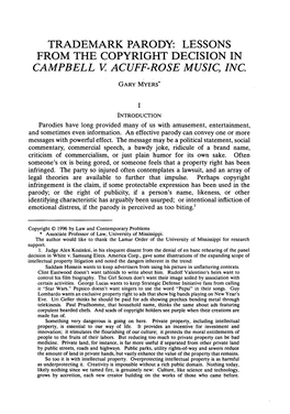Trademark Parody: Lessons from the Copyright Decision in Campbell V Acuff-Rose Music, Inc