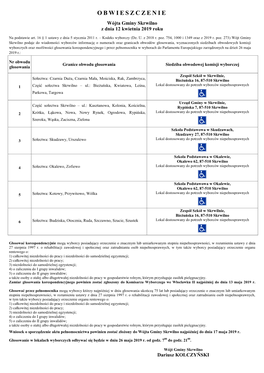 OBWIESZCZENIE Wójta Gminy Skrwilno Z Dnia 12 Kwietnia 2019 Roku