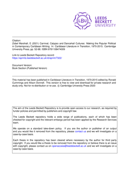 Citation: Zobel Marshall, E (2021) Carnival, Calypso and Dancehall Cultures: Making the Popular Political in Contemporary Caribbean Writing