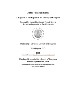 Papers of John Von Neumann [Finding Aid]. Library of Congress
