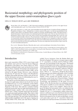 Basicranial Morphology and Phylogenetic Position of the Upper Eocene Carnivoramorphan Quercygale