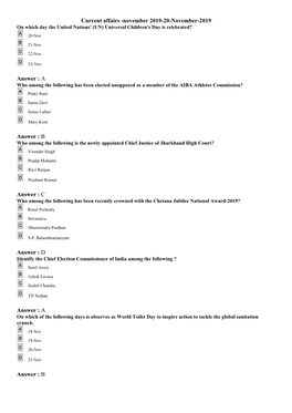 Current Affairs -November 2019-20-November-2019 on Which Day the United Nations' (UN) Universal Children's Day Is Celebrated? a 20-Nov B 21-Nov C 22-Nov D 23-Nov