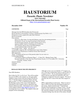 HAUSTORIUM 58 1 HAUSTORIUM Parasitic Plants Newsletter ISSN 1944-6969 Official Organ of the International Parasitic Plant Society ( )