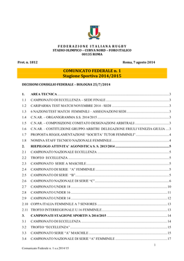 COMUNICATO FEDERALE N. 1 Stagione Sportiva 2014/2015