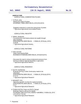 Parliamentary Documentation Vol. XXXVI (16-31 August, 2010) No.16