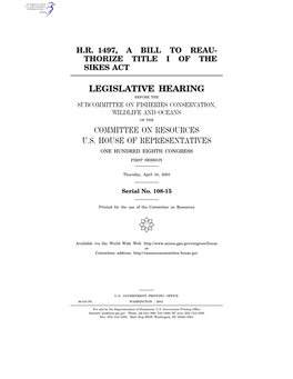 Legislative Hearing Committee on Resources U.S. House Of