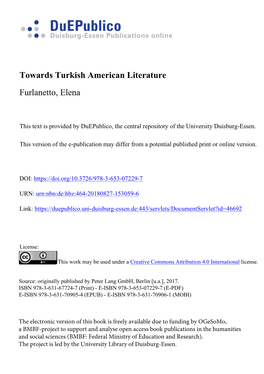 Towards Turkish American Literature Furlanetto, Elena