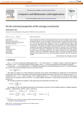 On the Extremal Properties of the Average Eccentricity✩ Aleksandar Ilić Faculty of Sciences and Mathematics, Višegradska 33, 18000 Niš, University of Niš, Serbia