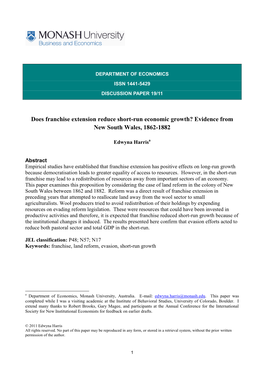 Does Franchise Extension Reduce Short-Run Economic Growth? Evidence from New South Wales, 1862-1882