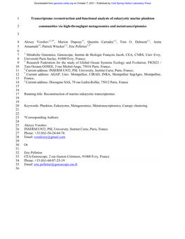 Transcriptome Reconstruction and Functional Analysis of Eukaryotic Marine Plankton