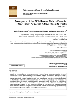 Emergence of the Fifth Human Malaria Parasite, Plasmodium Knowlesi: a New Threat to Public Health?