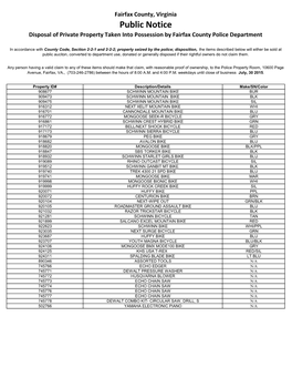 Public Notice Disposal of Private Property Taken Into Possession by Fairfax County Police Department