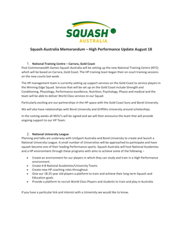 Squash Australia Memorandum – High Performance Update August 18
