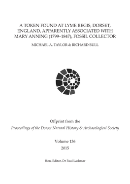 A Token Found at Lyme Regis, Dorset, England, Apparently Associated with Mary Anning (1799–1847), Fossil Collector