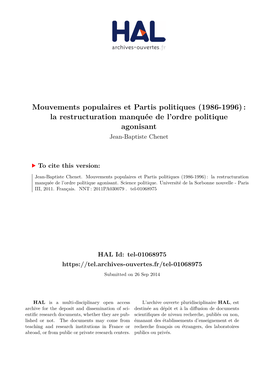 Mouvements Populaires Et Partis Politiques (1986-1996) : La Restructuration Manquée De L’Ordre Politique Agonisant Jean-Baptiste Chenet