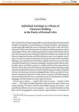 Individual Astrology As a Means of Character-Building in the Poetry of Konrad Celtis