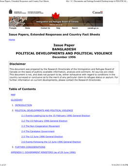 Issue Paper BANGLADESH POLITICAL DEVELOPMENTS and POLITICAL VIOLENCE December 1996