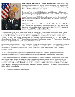 First Sergeant (1SG) Ronald Caldwell, Retired Army, Served As the Army Instructor at Smithfield High School, Smithfield Virginia from April 2006 to June 2011