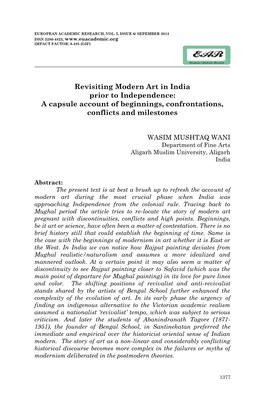 Revisiting Modern Art in India Prior to Independence: a Capsule Account of Beginnings, Confrontations, Conflicts and Milestones