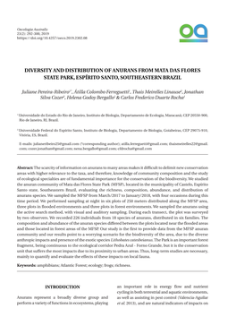 Diversity and Distribution of Anurans from Mata Das Flores State Park, Espírito Santo, Southeastern Brazil