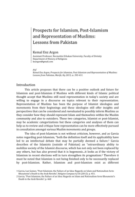 Prospects for Islamism, Post-Islamism and Representation of Muslims: Lessons from Pakistan