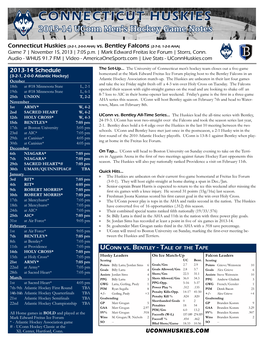 CONNECTICUT HUSKIES 2013-14 Uconn Men’S Hockey Game Notes