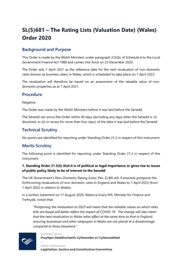 SL(5)681 – the Rating Lists (Valuation Date) (Wales) Order 2020