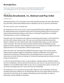 Nicholas Krushenick, 70, Abstract and Pop Artist