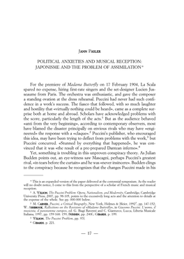 POLITICAL ANXIETIES and MUSICAL RECEPTION: JAPONISME and the PROBLEM of ASSIMILATION* for the Premiere of Madama Butterfly on 17