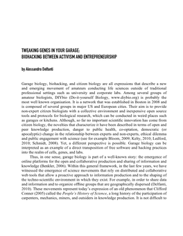 TWEAKING GENES in YOUR GARAGE: BIOHACKING BETWEEN ACTIVISM and ENTREPRENEURSHIP by Alessandro Delfanti