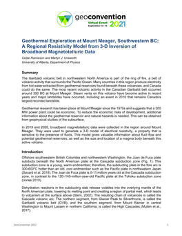 Geothermal Exploration at Mount Meager, Southwestern BC: a Regional Resistivity Model from 3-D Inversion of Broadband Magnetotelluric Data Cedar Hanneson and Martyn J