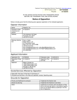 Notice of Opposition Opposer Information Applicant Information