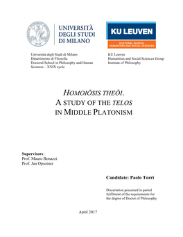 Homoiōsis Theōi. a Study of the Telos in Middle Platonism