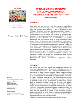 Origens Do Nacionalismo Angolano, Movimentos Independentistas E Disputa Por Hegemonia ______